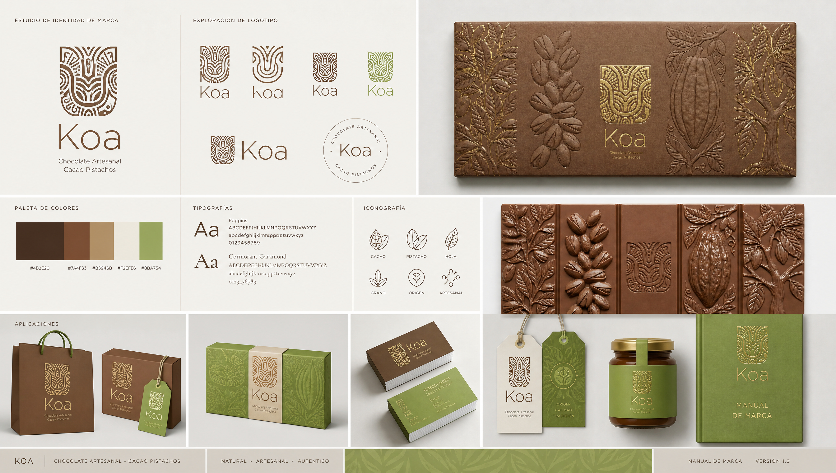 Koa brand identity board — logo exploration, palette, type and packaging applications
