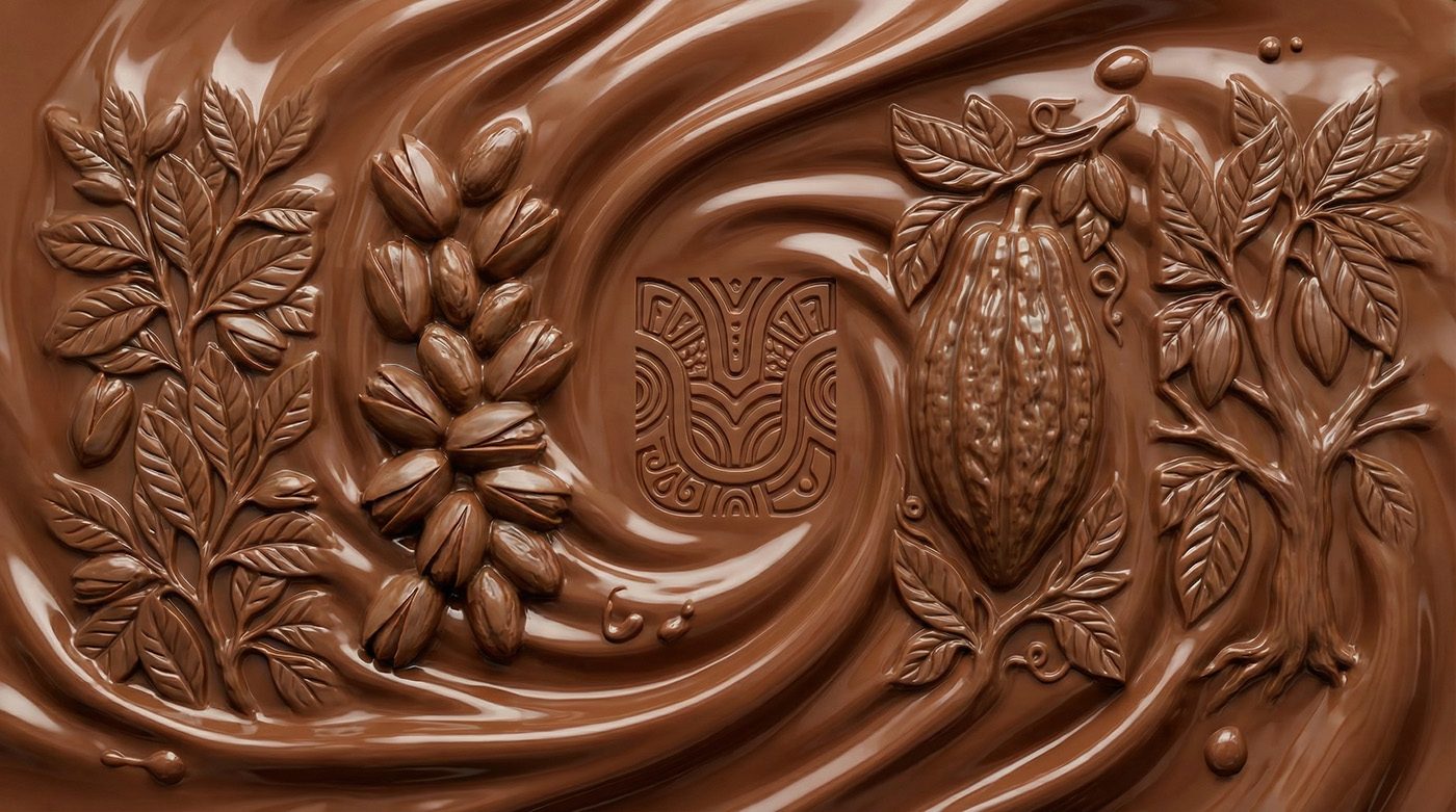 Molten chocolate swirling around the engraved Koa glyph, cacao pod and pistachio cluster