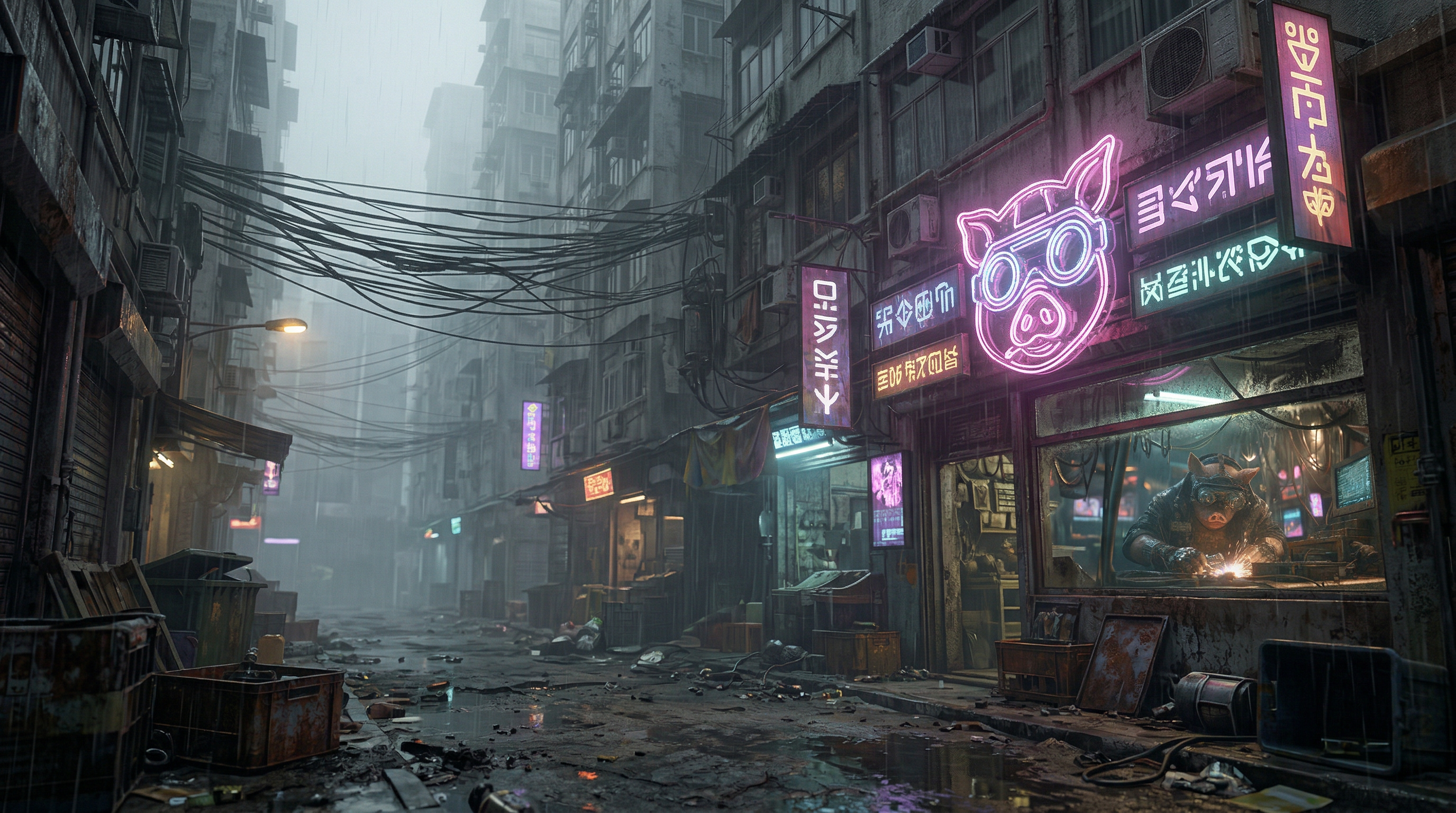 Neon back-alley with pig signage
