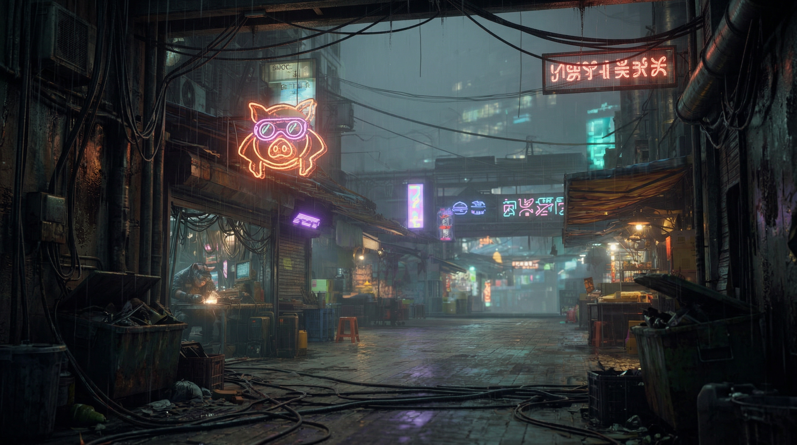 Wide cyberpunk alley, rain and neon