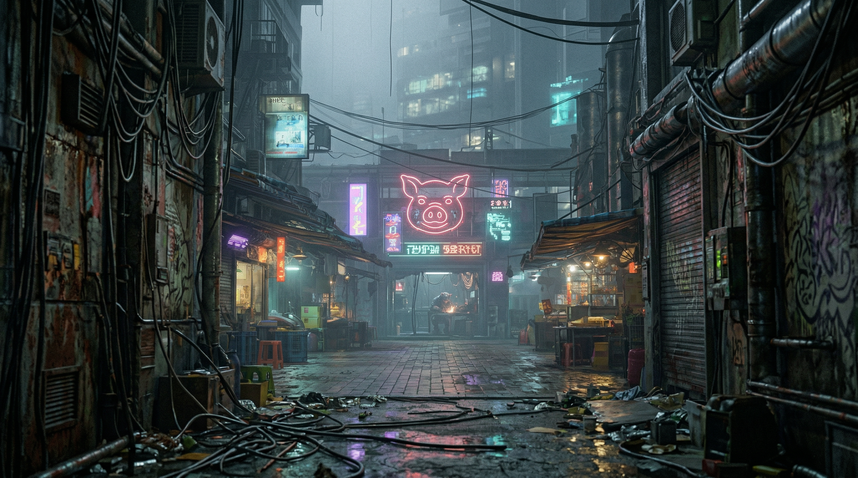 Foggy neon market street