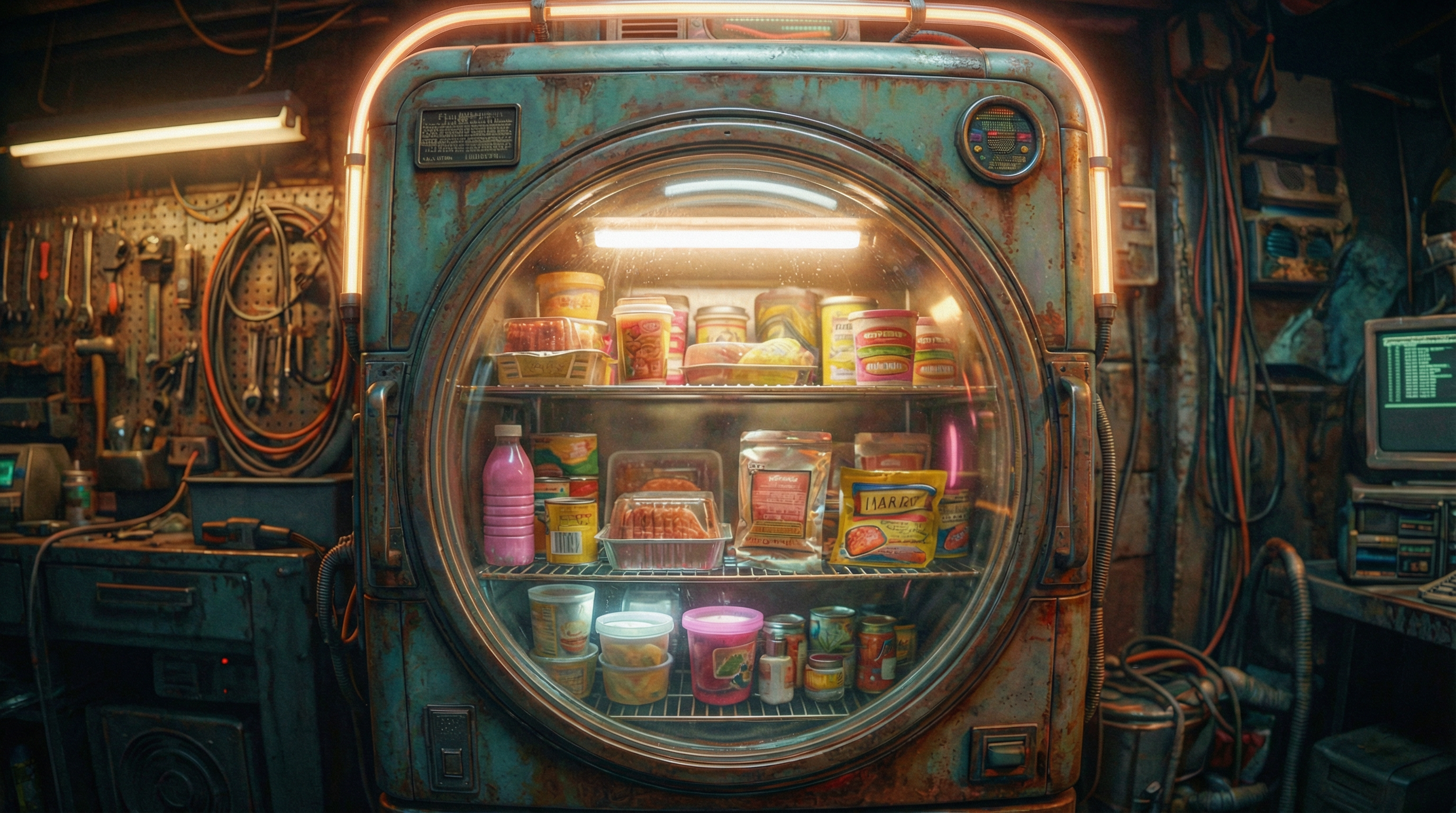 Steampunk vending fridge full of product
