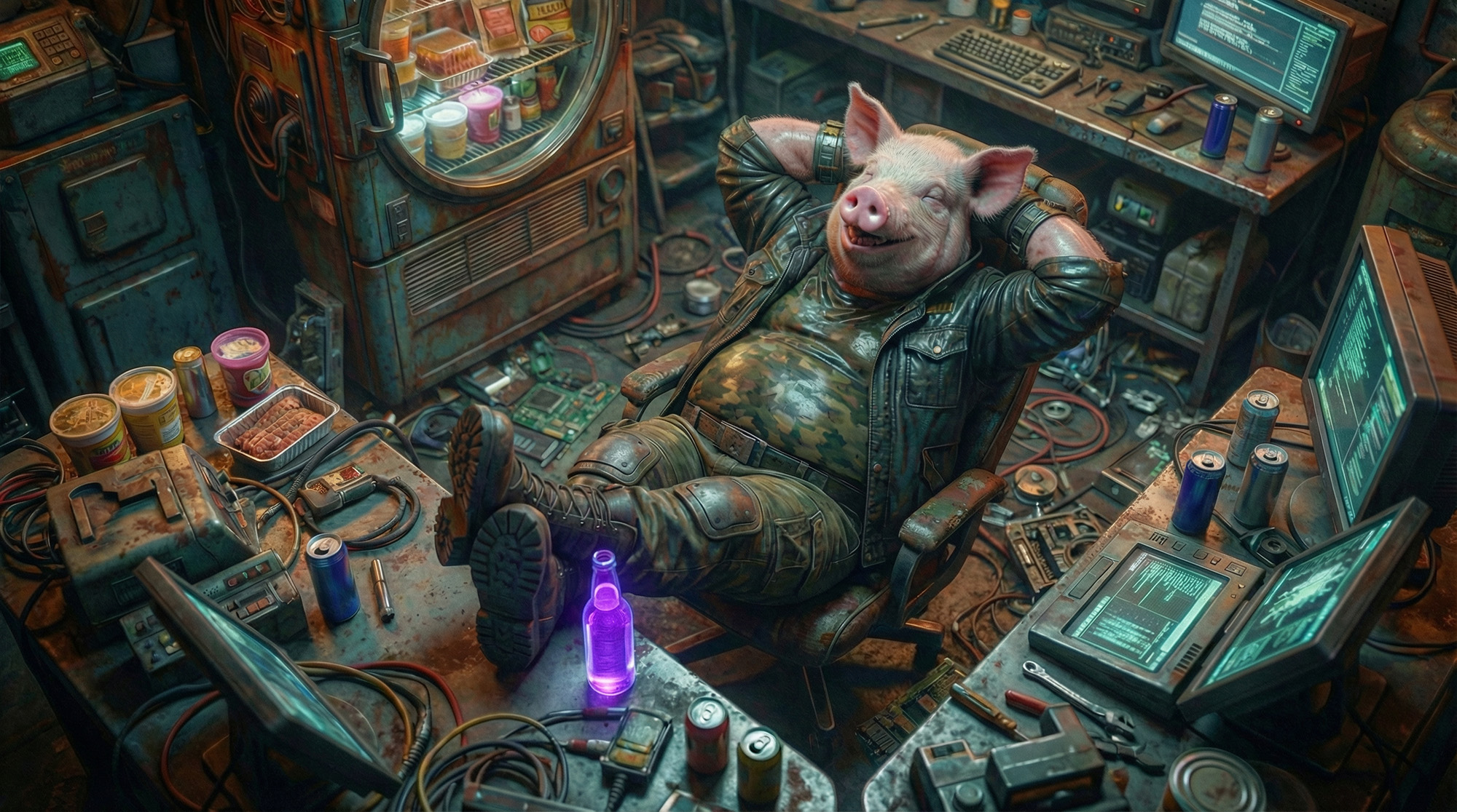 SteamPig reclining in his rust-and-neon workshop
