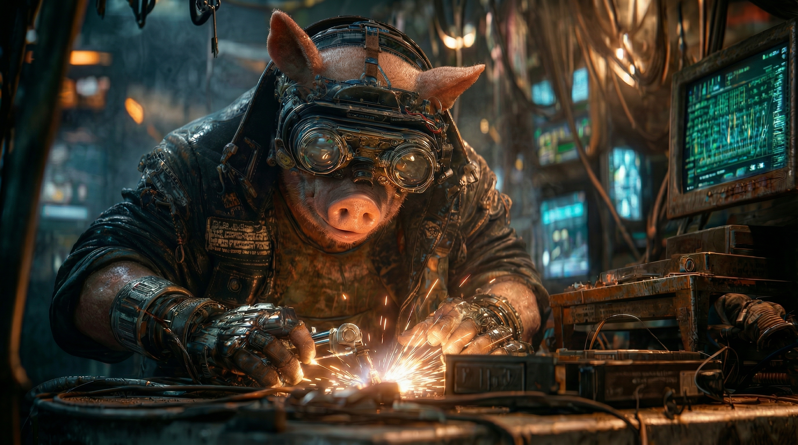 SteamPig welding at his workbench